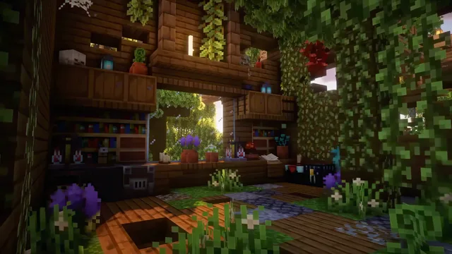 Sunlit Minecraft greenhouse with vines, books, brewing stands, and flowers.