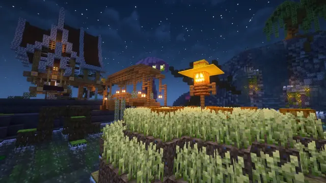 Minecraft farm village with crops, wooden houses, lanterns, and a starry sky