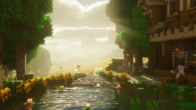 Minecraft pond at sunrise with mist, wildflowers, reeds, and warm reflections