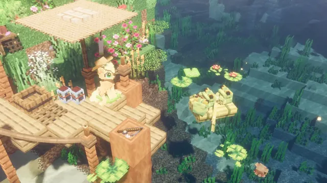 Wooden Minecraft garden dock beside clear water and lily pads