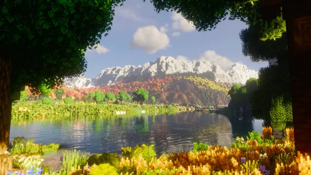 Minecraft hidden valley with a lake and autumn-colored mountains