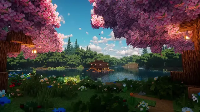 Wooden Minecraft lakeside home among sakura trees and wildflowers