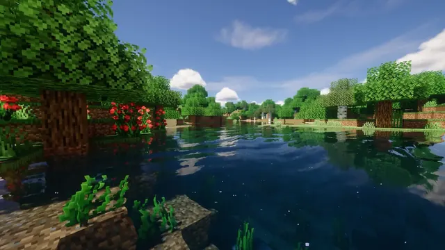 Minecraft shader scene with a reflective crystal lake and forest