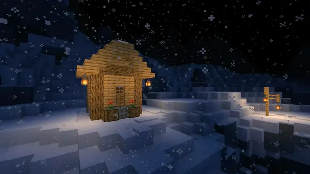 Warm wooden Minecraft cabin in a snow-covered landscape at night