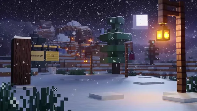Snowy Minecraft village at night with falling snow and warm lanterns.