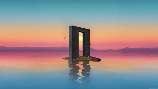 Minimalist circular portal above calm water reflecting warm orange sunset light