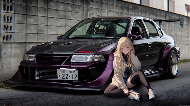Anime girl standing beside a Mitsubishi Lancer Evolution on a neon-lit JDM street