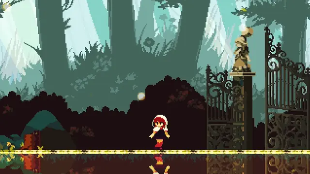 Momodora heroine in a pixel forest with statues and old gates