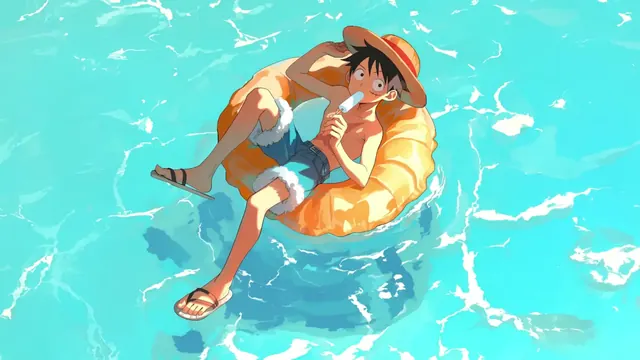 Monkey D. Luffy relaxing on an inflatable ring with a popsicle on clear water