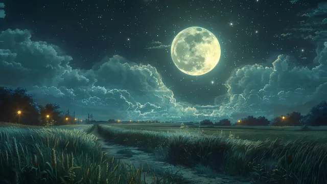 Full moon casting silver light across open fields beneath drifting clouds.