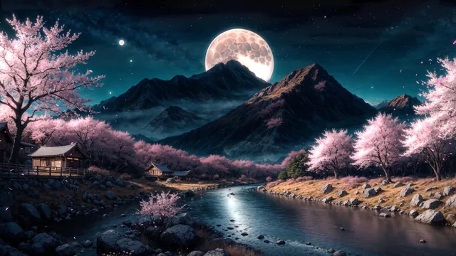 Full moon above a mountain valley with cherry blossoms and a reflective river.