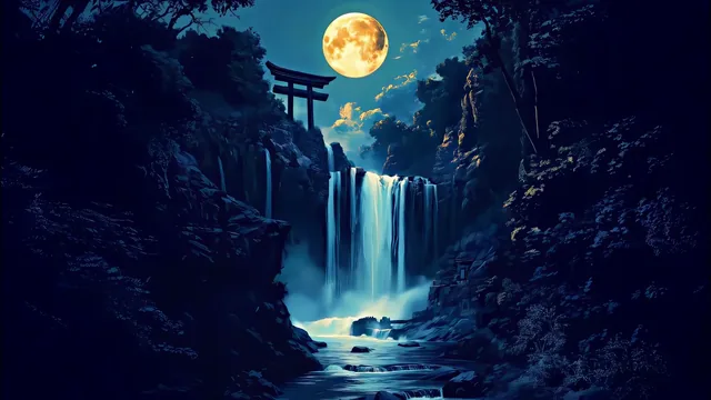 Moonlit torii gate above cascading waterfalls and stone paths