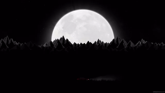 Full moon glowing above dark coniferous forest and mountain silhouettes at night