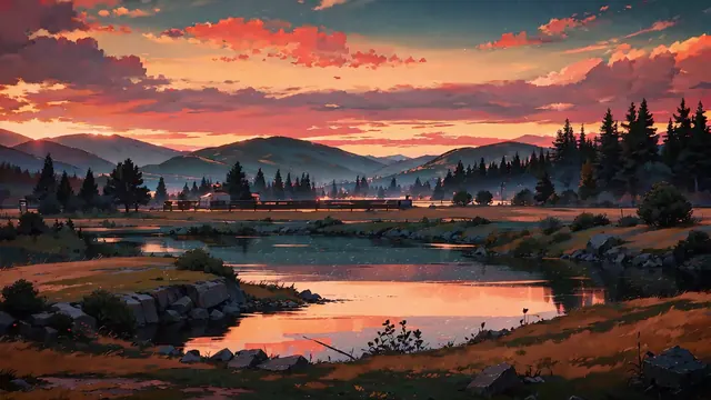 Orange and rose sunset reflected in a mountain lake beside dark forest