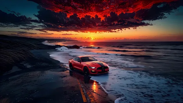 Mustang parked by the ocean beneath a red-and-gold coastal sunset