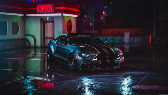 Ford Mustang GT parked on a rain-slick downtown street with neon glow on wet asphalt