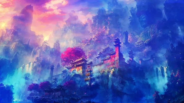 Ancient mountain temple among misty cliffs, waterfalls, and pink-violet trees
