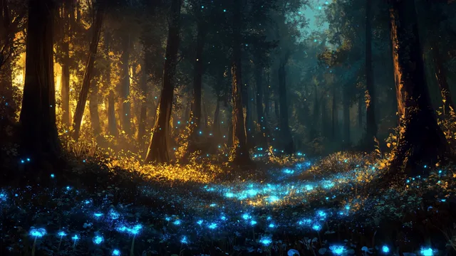 Blue lights glowing across a forest floor beneath golden sunbeams