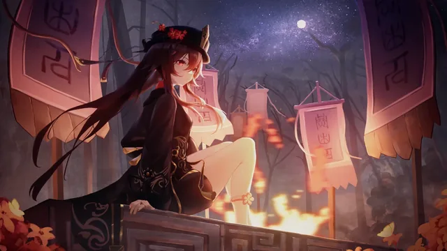 Anime girl seated by glowing embers beneath a luminous moon and star-filled sky
