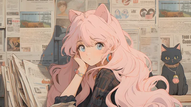 Pink-haired cat girl with sky-blue eyes sitting in a dim alley under golden neon light