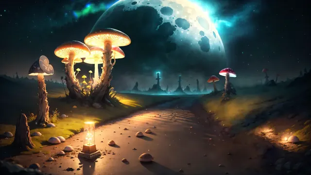 Glowing mushrooms lighting a dark and mystical forest setting