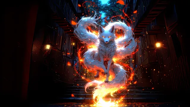 Luminous kitsune fox surrounded by enchanted fire in a lantern-lit ancient alley