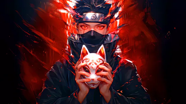 Porcelain kitsune fox mask surrounded by red and orange chakra energy in near darkness