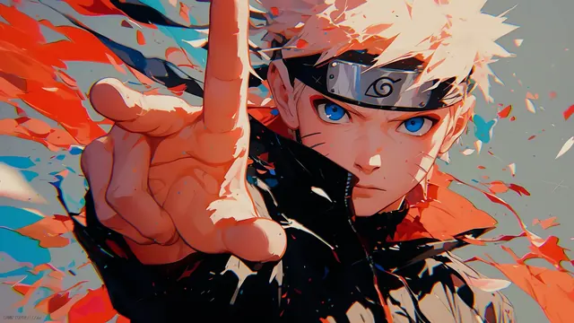 Naruto Uzumaki reaching forward with blue eyes amid vivid energy streaks