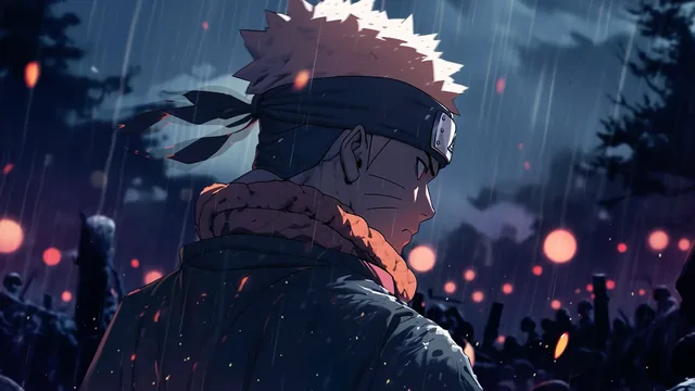 Naruto standing alone in the rain in an emotional anime scene