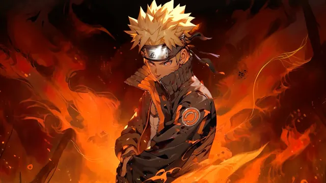 Naruto Uzumaki standing in a dark scene surrounded by orange flames