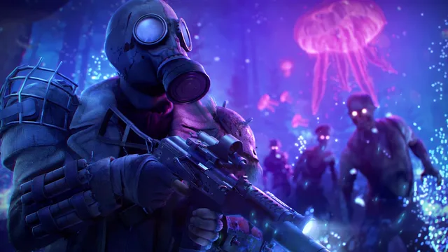 Masked survivor in tactical gear facing neon-lit undead silhouettes in a cyberpunk city