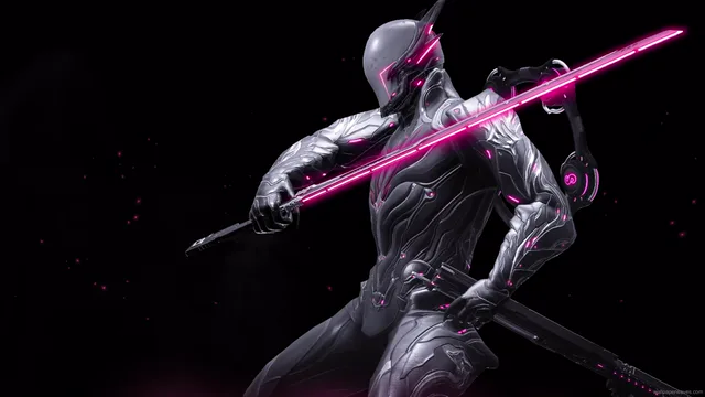 Ash Warframe standing in a dark corridor with cool cyan and magenta neon light