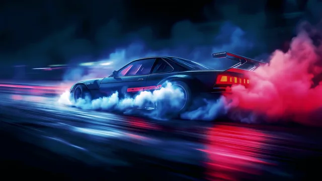 Dark drift car producing blue and pink tire smoke at night