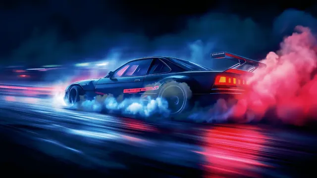 Drift racer in tire smoke and red-blue neon on a Tokyo night street