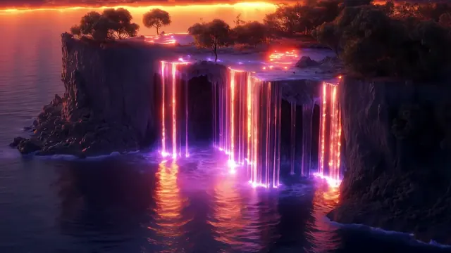 Pink, violet, and gold waterfalls glowing on ocean cliffs at sunset