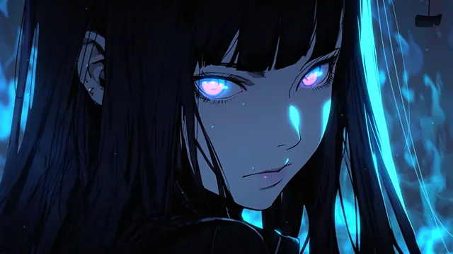 Mysterious anime girl looking forward in a shadowed neon-colored portrait