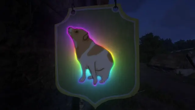 Dancing dog meme presented with a bright neon-glow visual style
