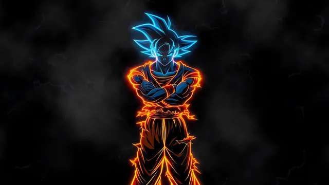 Neon-style Goku with electric blue hair and fiery orange outlines on a stormy dark background