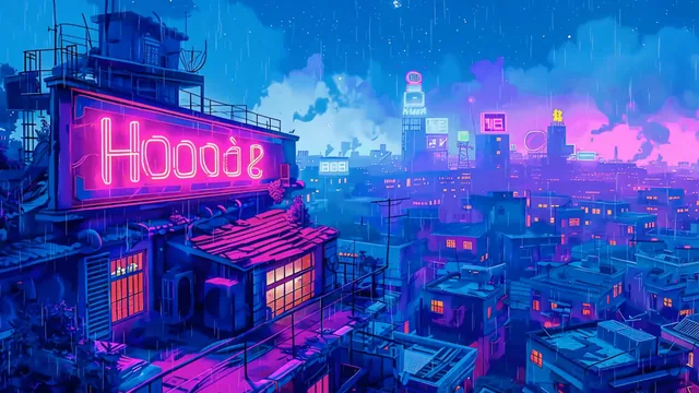 Rain falling over neon-lit streets and a futuristic cyberpunk city skyline