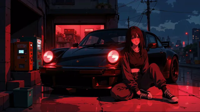 Woman seated beside a black Porsche 911 on a red neon street