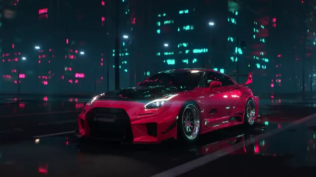Low red GT-R on a wet city street with crimson and cyan light