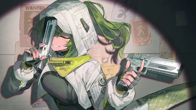 Hooded anime rogue holding twin pistols against a neon-lit poster wall