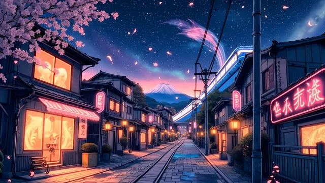 Japanese town at night with cherry blossoms, glowing shopfronts, wooden houses, and Mount Fuji