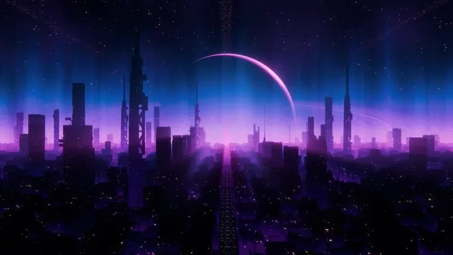 Neon science-fiction city extending toward a glowing horizon