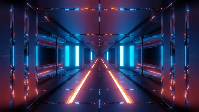 Neon science-fiction tunnel corridor forming a futuristic abstract passage