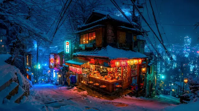 Snowy wooden-shop alley lit by blue neon signs and warm amber lanterns