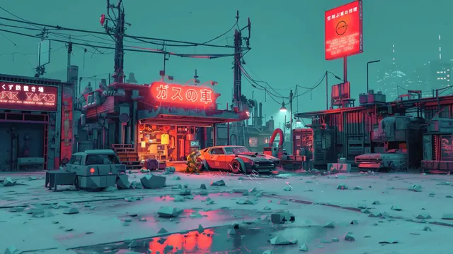 Lone mechanic beneath red neon signs in a snowy wasteland garage