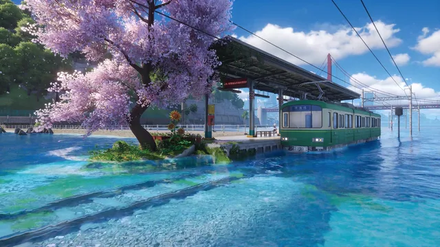 Seaside train station beneath pink blossoms and a blue sky