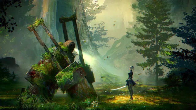 2B with katana drawn facing an overgrown machine in a sunlit forest clearing