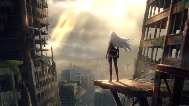 2B amid a post-apocalyptic NieR Automata world on a 4K widescreen desktop